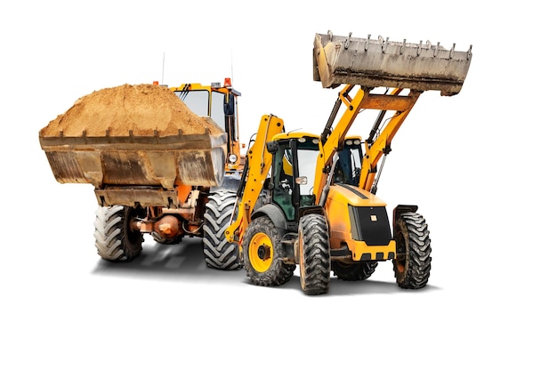 Zwei schwere Frontlader oder Bulldozer auf weißem, isoliertem Hintergrund Baumaschinen und Transport Transport und Bewegung von Schüttgütern Aushubelement für Design