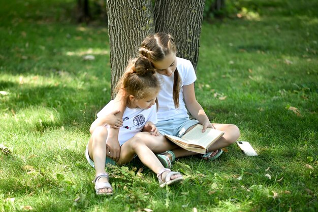 Zwei Schwestermädchen sitzen auf grünem Gras und lesen ein Buch Bildung Kindheit