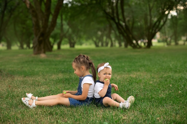 Zwei Schwestern sitzen im Park im Gras und essen Äpfel