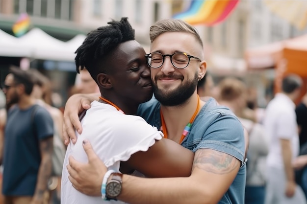 Foto zwei schwuler liebhaber umarmen sich auf der lgbt-parade