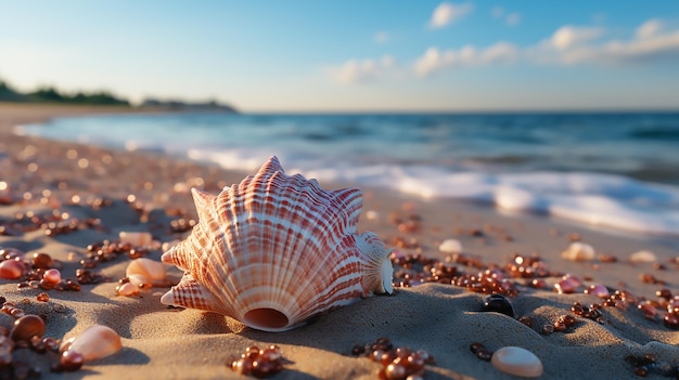 Zwei Seesterne und Muscheln an einem leeren Strand im Stil exotischer Fantasielandschaften