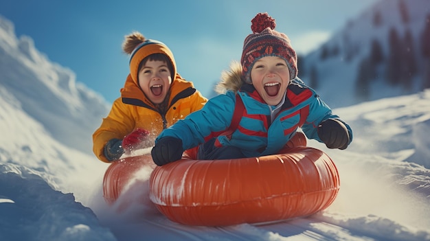 Zwei sehr glückliche Kinder rutschen auf einem aufblasbaren Schlauch einen schneebedeckten Hang hinunter