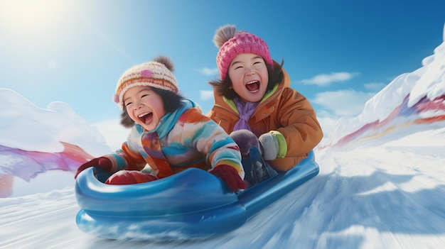 Zwei sehr glückliche Kinder rutschen auf einem Schlitten einen schneebedeckten Hang hinunter