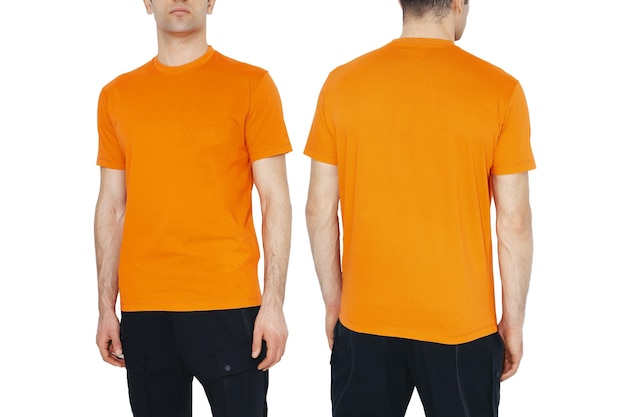 Zwei Seiten des orangefarbenen T-Shirt-Modells für Männer Design-Vorlagenmodell