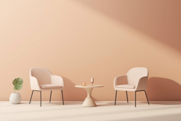 Zwei Sessel mit Einzeltisch isoliert auf pastellfarbenem Hintergrund