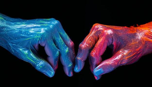 Zwei sich berührende Fingerspitzen aus lebendigem flüssigem Plasma