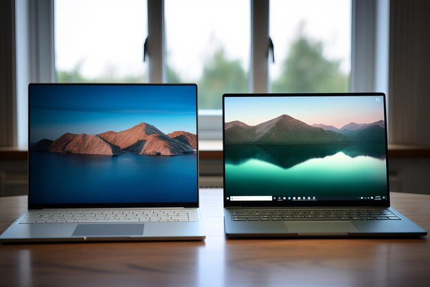 Foto zwei silberne windows 11-laptops auf einem holztisch