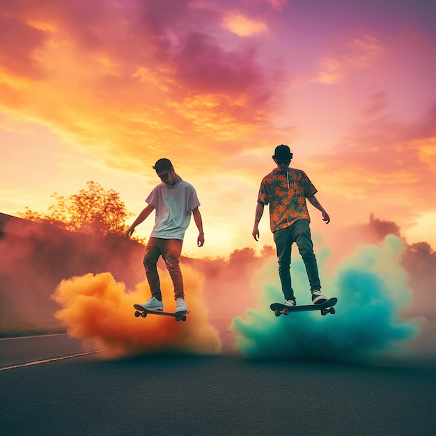 Zwei Skateboarder fahren auf ihren Brettern mit einer bunten Rauchspur hinter sich.