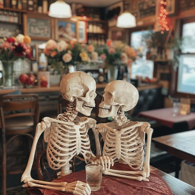 Foto zwei skelette küssen sich in einer bar mit einem tischtuch auf dem tisch