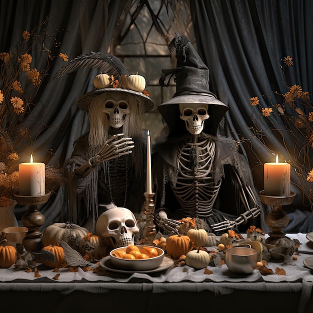 Zwei Skelette sitzen an einem Tisch mit Kürbissen und Kerzen davor, alle für Halloween verkleidet