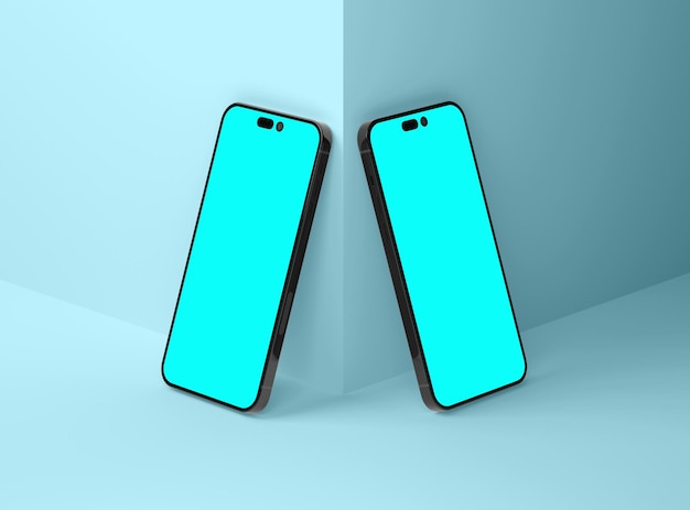 Zwei Smartphones 14 pro max Mockup für App- und Website-UI-Branding 2 Telefone auf Vorder- und Rückseite 3D-Rendering