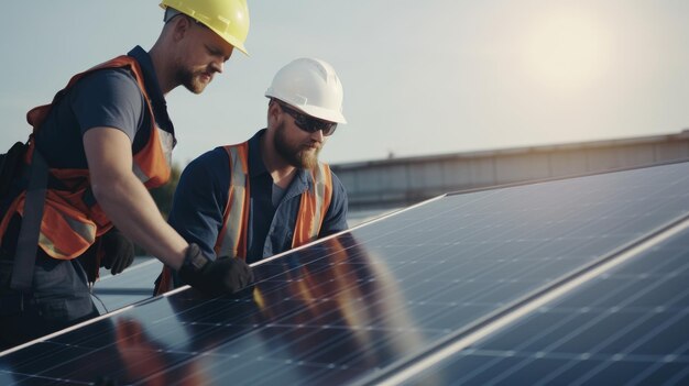 Zwei Solaringenieure installieren Sonnenkollektoren
