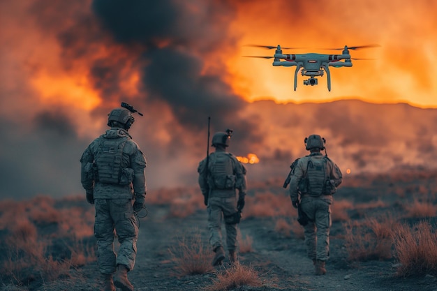 Foto zwei soldaten in der wüste fliegen drohnen, die mit kameras ausgestattet sind