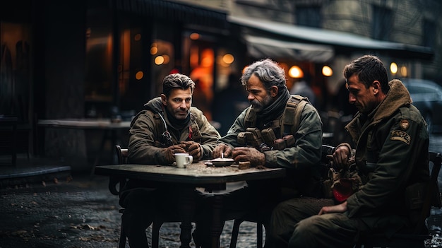 Zwei Soldaten sitzen in einer Bar und trinken einen Kaffee. Generative KI