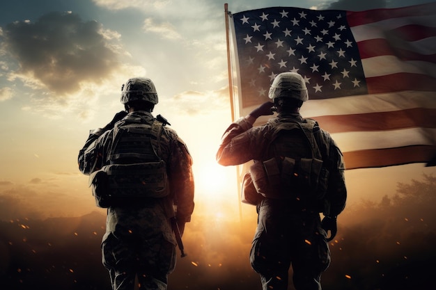 Zwei Soldaten stehen stolz Seite an Seite vor einer großen amerikanischen Flagge. Soldaten der US-Armee salutieren vor dem Hintergrund von Sonnenuntergang oder Sonnenaufgang und einer von der KI generierten US-Flagge