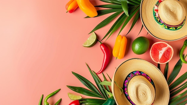 Zwei Sombreros mit bunten tropischen Früchten und Chilischoten, die ein festliches mexikanisches Thema hervorrufen