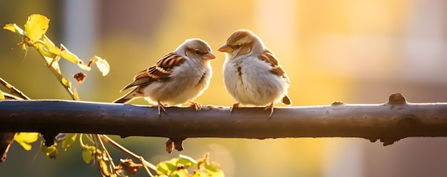 Zwei Spatzen auf einem Zweig in einem Garten