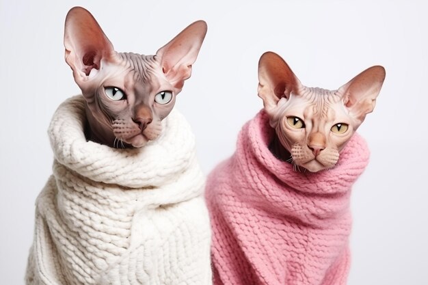 Zwei Sphynx-Katzen in gestrickten Wollkleidung sitzen nebeneinander auf einem weißen Hintergrundkopierraum