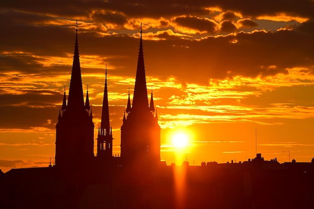 zwei spitzen architektonischen Strukturen Kirchenspitzen beim Sonnenuntergang Der Himmel ist mit goldenen Farbtönen Sonne