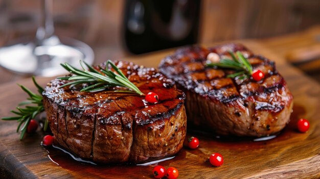 Zwei Steaks auf dem Schneidbrett, ein Glas Wein