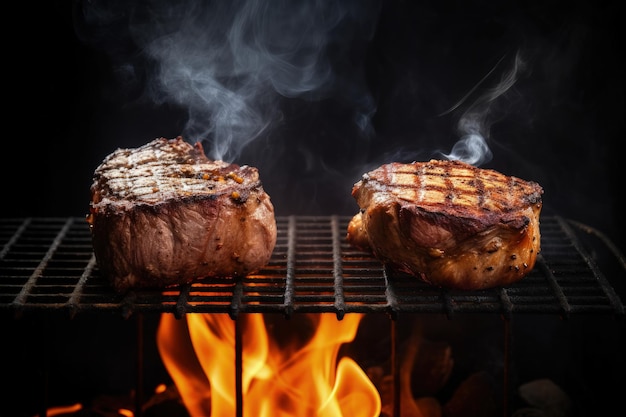 Zwei Steaks kochen auf einem Grill mit Flammen-generativer KI