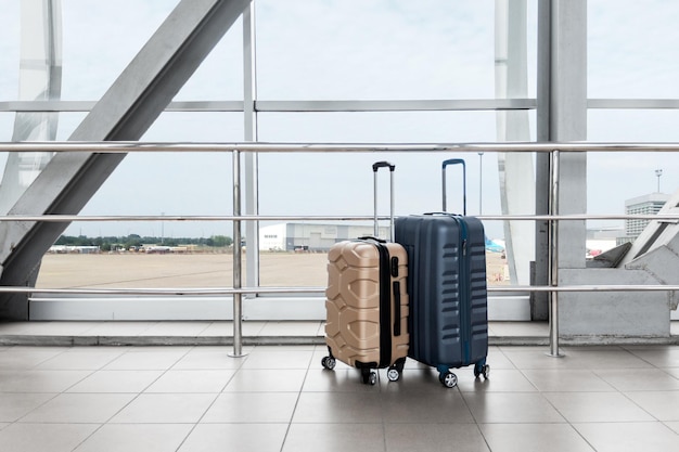 Zwei stilvolle Gepäckkoffer aus Kunststoff stehen in der Nähe des Panoramafensters am Flughafen