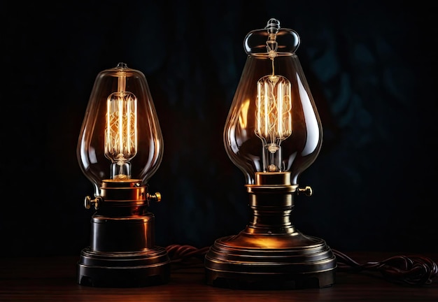 Zwei stilvolle Lampen im Loft-Stil auf dem Tisch, leuchtende Glühbirnen