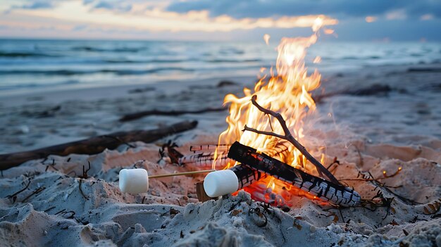 Zwei Stöcke mit Marshmallows, die in der Dämmerung über einem Strandfeuer vor dem Hintergrund des Meeres und des Himmels gebraten werden