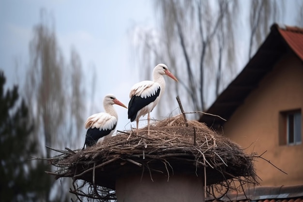 Foto zwei storchen sitzen in einem nest frühlingsfoto vögel sind in warme regionen geflogen