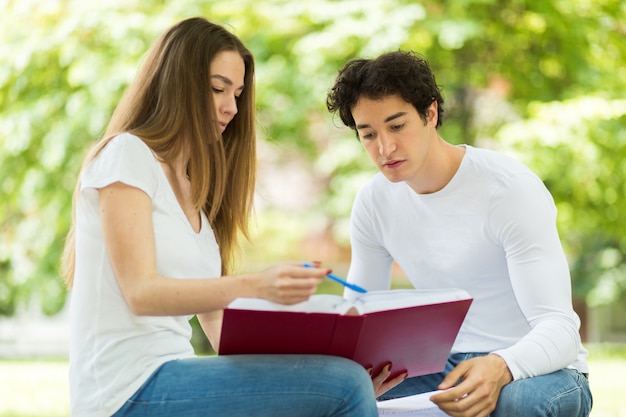 Zwei Studenten, die zusammen sitzen auf einer Bank im Freien studieren