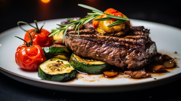 Zwei Stück mittelgekochtes Steak mit Tomatenpilz und Zucchini