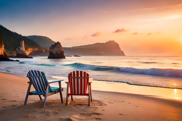 Zwei Stühle an einem Strand mit einem Sonnenuntergang im Hintergrund