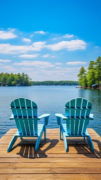 zwei Stühle auf einem Dock mit einem See im Hintergrund