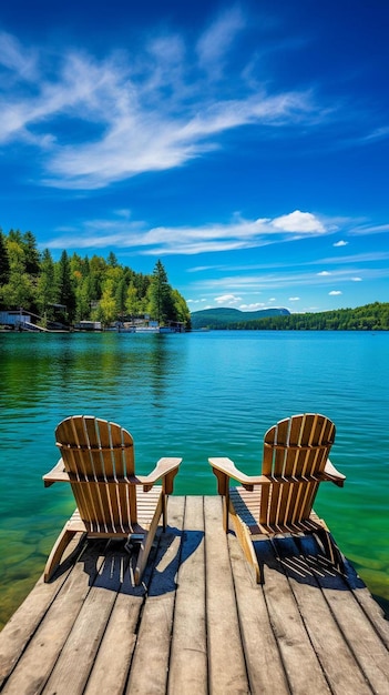 zwei Stühle sitzen auf einem Dock mit einem See im Hintergrund