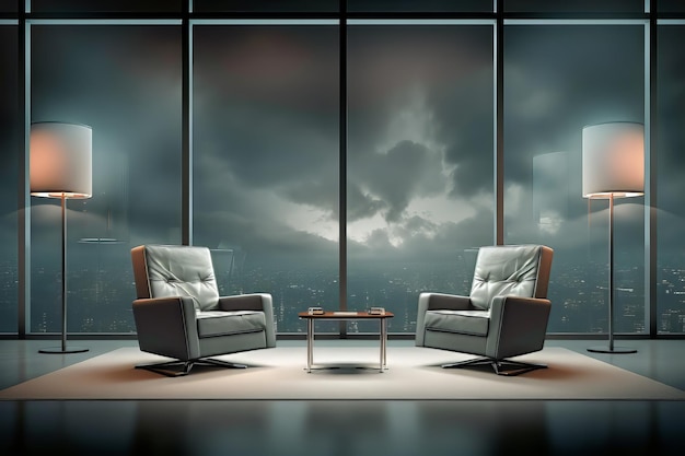 zwei Stühle sitzen vor einem Fenster mit einem bewölkten Himmel im Hintergrund