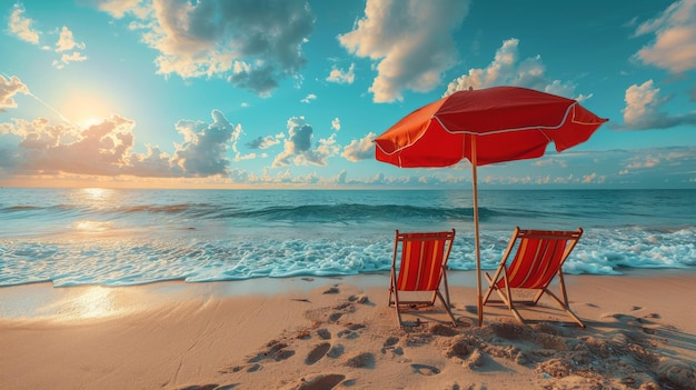 Zwei Stühle und ein Regenschirm am Strand