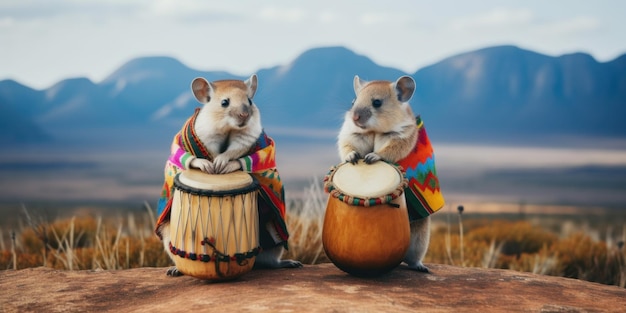 Zwei südafrikanische Hamster sitzen auf einem Felsen und spielen Schlagzeug. Generatives KI-Bild