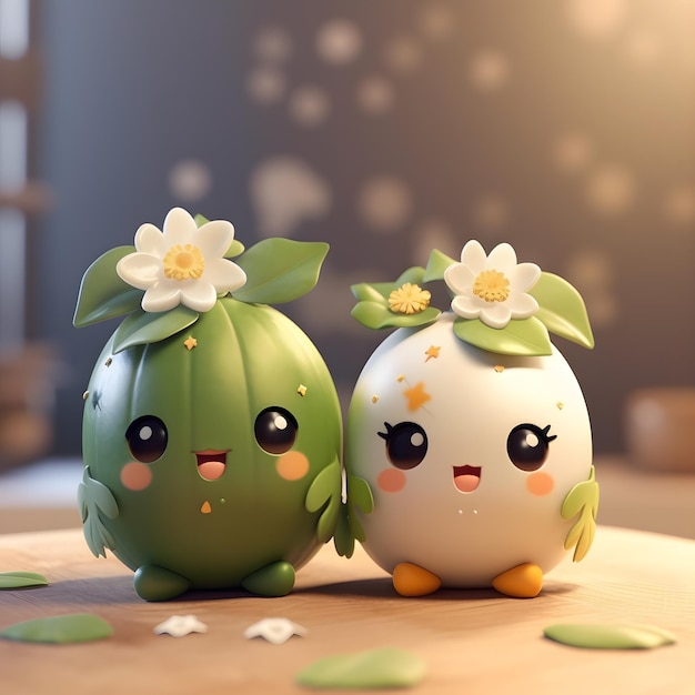 Zwei süße 3D-Kawaii-Avocados mit Blumen darauf und eine hat eine Blume auf der Vorderseite