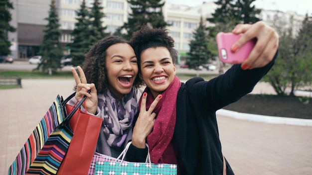 Zwei süße Afroamerikanerinnen, die sich mit Einkaufstüten selbst machen und lächeln