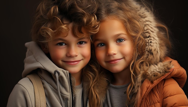 Foto zwei süße kinder, ein junge und ein mädchen, lächeln im freien, generiert von ki