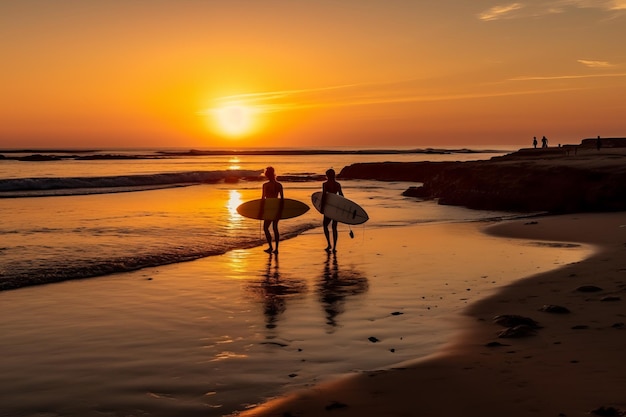 Zwei Surfer am Strand bei Sonnenuntergang