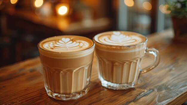 Foto zwei tassen cappuccino auf einem holztisch in einem restaurant