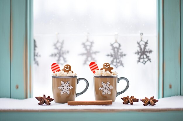 Zwei Tassen heiße Schokolade auf einem Felsvorsprung, umgeben von Schneeflocken