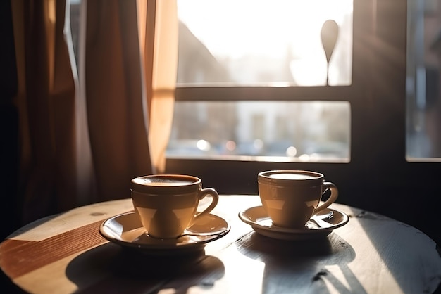 Zwei Tassen heißen Kaffee in der Nähe des Fensters zu Hause oder in einem Café mit morgendlichem weichem Licht, generiert von KI