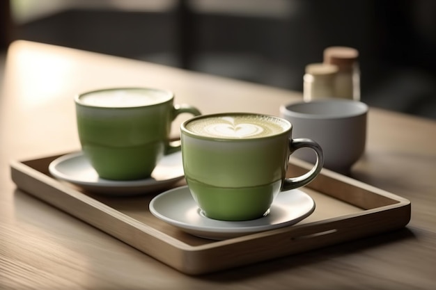 Zwei Tassen heißer grüner Matcha-Latte-Tee Generative KI