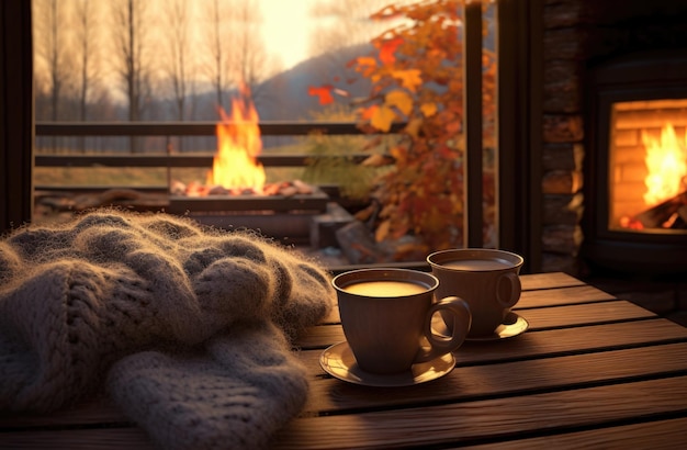 Foto zwei tassen kaffee am kamin gemütlicher herbstabend generative ki