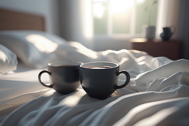 Zwei Tassen Kaffee auf einem Bett mit einem Fenster im Hintergrund