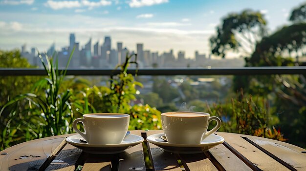 Zwei Tassen Kaffee auf einem Holztisch mit Blick auf die Stadt im Hintergrund