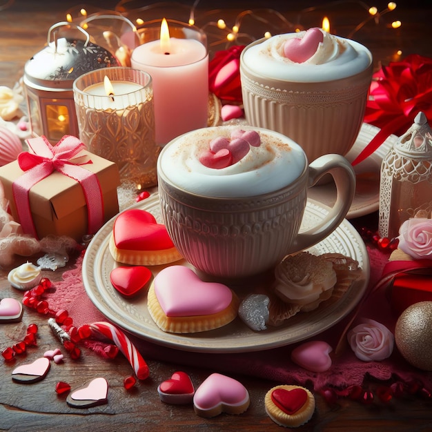 Zwei Tassen Kaffee mit herzförmigen Marshmallows, umgeben von Valentinstagsdekorationen