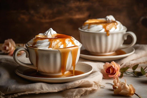 Zwei Tassen Kaffee mit Karamell oben drauf und einer Blume rechts